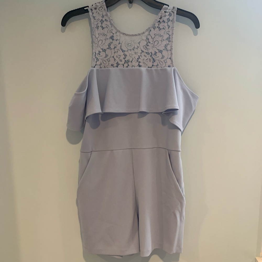 Express Lace Off the Shouler/High Neck Romper